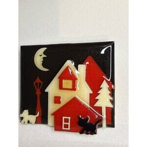 Vtg  Brooch House Pin by Lucinda Cat TreeDog Red White Black Pin